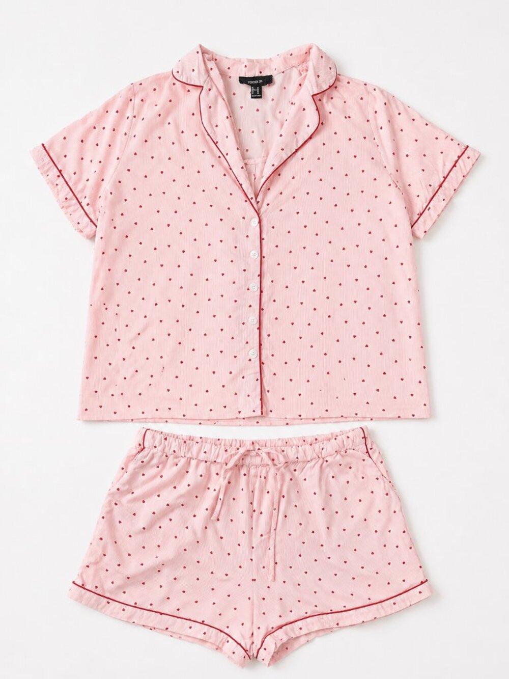 Heart Print Pajama Set Pink Shorts and Button Down with Red Piping 0XL